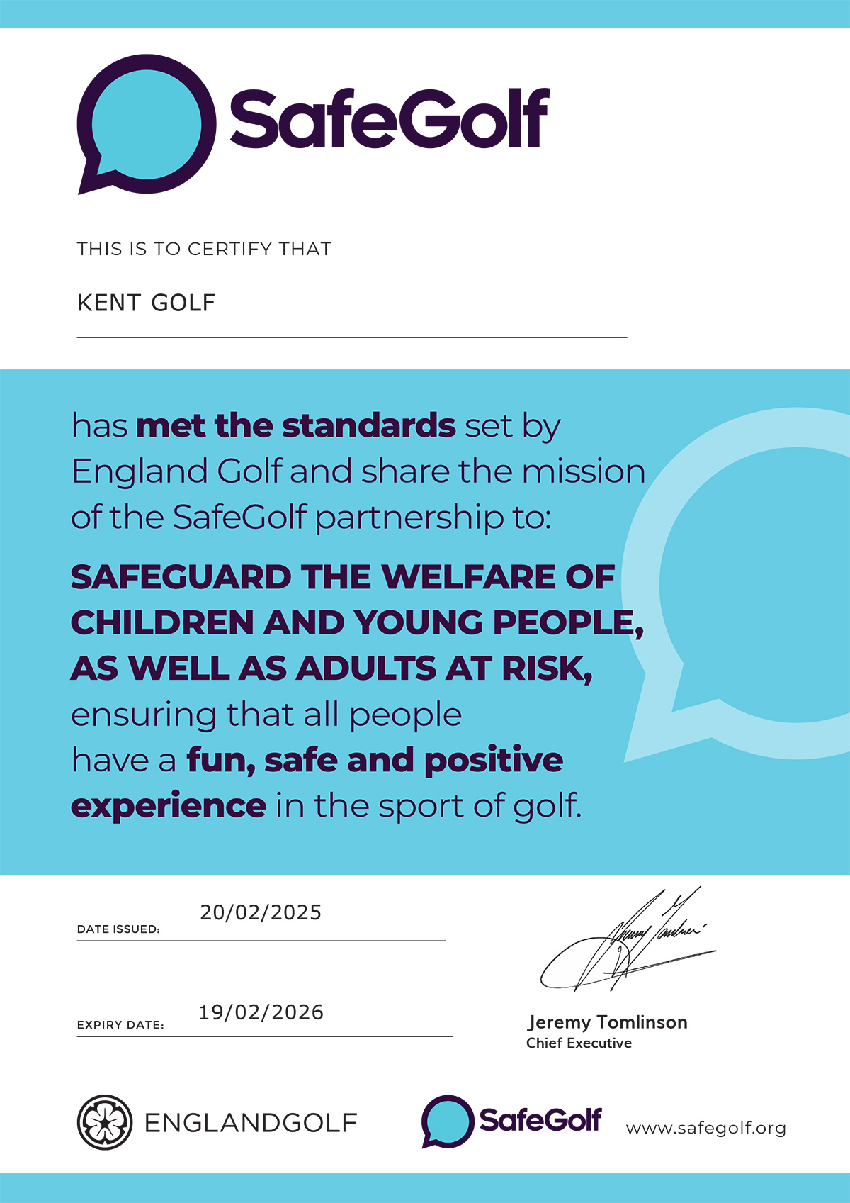 SafeGolf certificate 2025